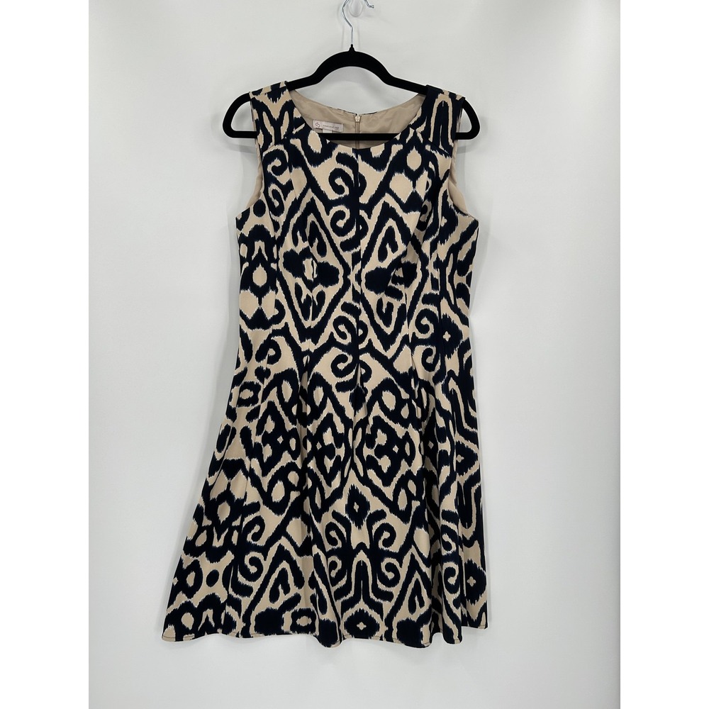 Cynthia Steffe Dress Womens 14 Blue Beige Ikat Pattern Sleeveless Fit Flare